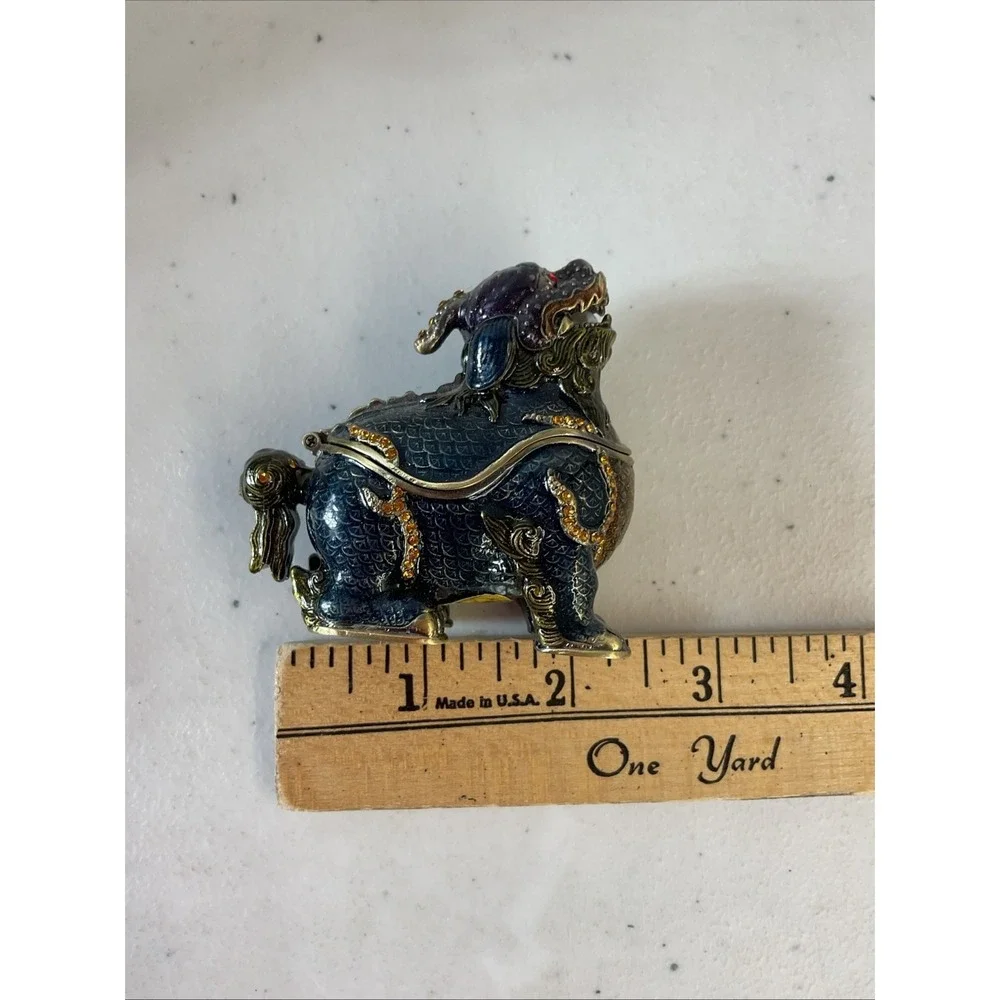 Foo Dog Trinket Box Chinese Guardian Lion Blue Enamel Rhinestone 2.5in‎